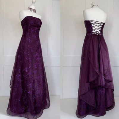 Strapless a line grape tulle evening dress long prom dresses - Thumbnail 1
