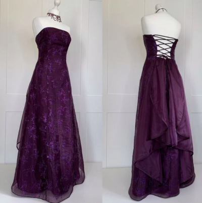 Strapless A Line Grape Tulle Evening Dress Long Prom Dresses