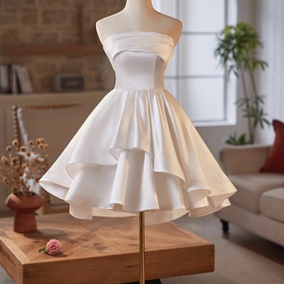 White satin a-line strapless short prom party dress