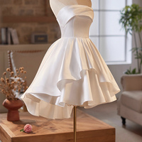 White Satin A-Line Strapless Short Prom Party Dress - Thumbnail 1