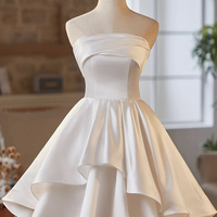 White Satin A-Line Strapless Short Prom Party Dress - Thumbnail 3
