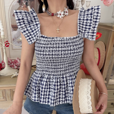 Vintage blue plaid twist-knot sleeveless camisole