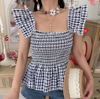 Vintage Blue Plaid Twist-knot Sleeveless Camisole