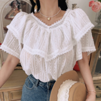 Retro style lace stitching sweet ruffle loose top shirt - Thumbnail 1