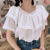 Retro style lace stitching sweet ruffle loose top shirt - Thumbnail 2