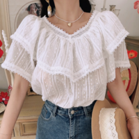 Retro style lace stitching sweet ruffle loose top shirt - Thumbnail 3