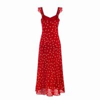 Holiday style casual style red floral sexy V-neck dress - Thumbnail 1