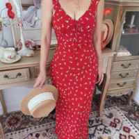Holiday style casual style red floral sexy V-neck dress - Thumbnail 4