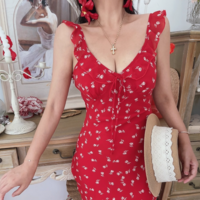 Holiday style casual style red floral sexy V-neck dress - Thumbnail 5