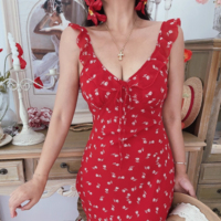 Holiday style casual style red floral sexy V-neck dress - Thumbnail 6