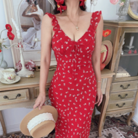 Holiday style casual style red floral sexy V-neck dress - Thumbnail 7