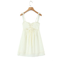 Retro French lace V-neck lace tie waist suspender dress - Thumbnail 2