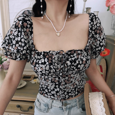 Retro bohemian style floral blouse summer square neck tie short sleeve t-shirt