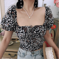 Retro Bohemian style floral blouse summer square neck tie short sleeve T-shirt - Thumbnail 2