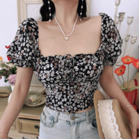 Retro Bohemian style floral blouse summer square neck tie short sleeve T-shirt - Thumbnail 3