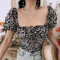 Retro Bohemian style floral blouse summer square neck tie short sleeve T-shirt - Thumbnail 4