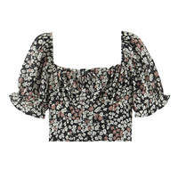 Retro Bohemian style floral blouse summer square neck tie short sleeve T-shirt - Thumbnail 5