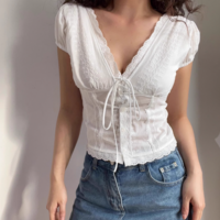White lace V-neck top with ties on the chest - Thumbnail 4