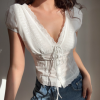 White lace V-neck top with ties on the chest - Thumbnail 6