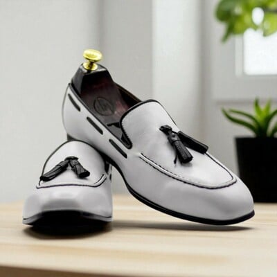 Handmade white leather penny loafer shoes for men's