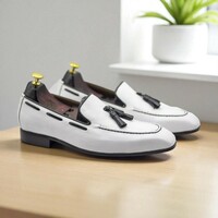 Handmade White Leather Penny Loafer Shoes For Men's - Thumbnail 4
