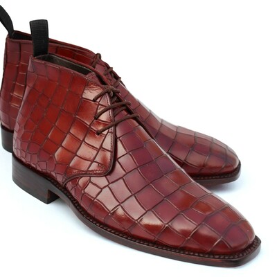 Crafted leather burgundy crocodile alligator chukka boot