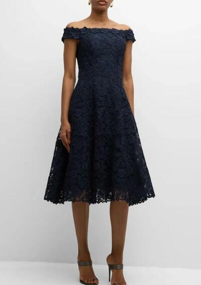 Elegant Navy Blue Tea-length Lace Mother Of The Bride/ Groom Dresses Formal Evening Dress