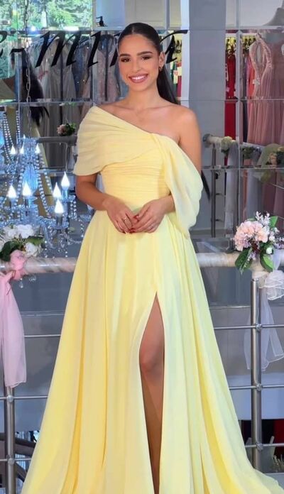 Simple Yellow A Line Chiffon Prom Dresses Evening Gowns Formal Party Gowns