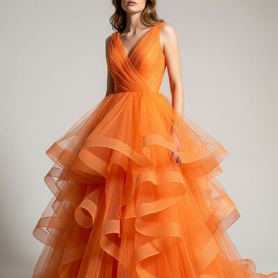 Orange ball gown tiered prom dresses evening gowns formal party gowns