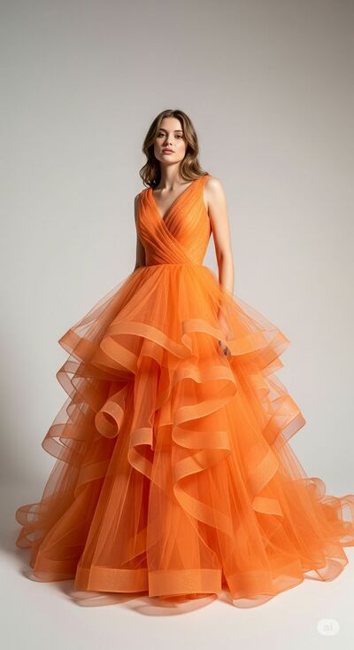 Orange Ball Gown Tiered Prom Dresses Evening Gowns Formal Party Gowns