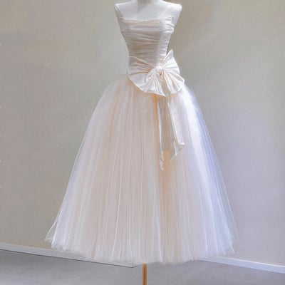 Champagne tulle tea length prom party dress - Thumbnail 1