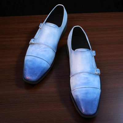 Crafted leather handmade men classic blue leather monk strap dress shoes - Thumbnail 3
