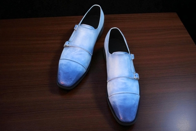 Crafted Leather Handmade Men Classic Blue Leather Monk Strap Dress Shoes