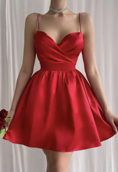 Red Homecoming Dresses Spaghetti Straps with Beading