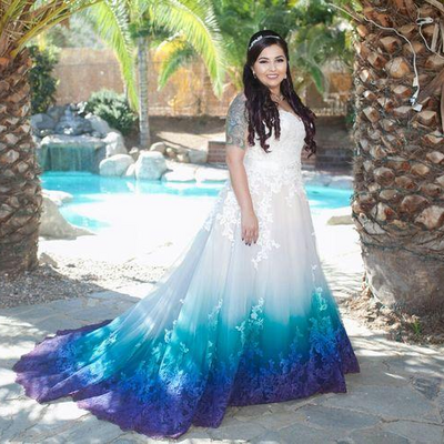 Ombre wedding dress, blue appliques wedding dress bridal dress