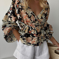 Temperament V-Neck Printed Long Sleeved Shirt - Thumbnail 1