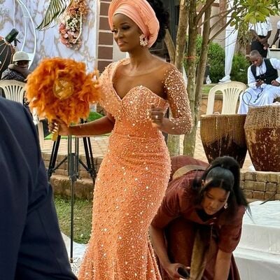 Orange sheath long sleeve sequins lace african girls prom dresses evening gowns formal party gowns - Thumbnail 1