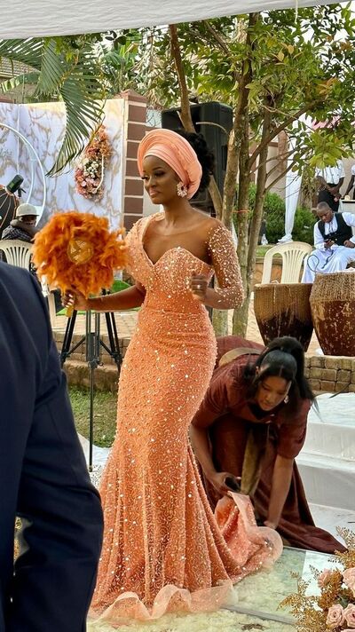 Orange Sheath Long Sleeve Sequins Lace African Girls Prom Dresses Evening Gowns Formal Party Gowns