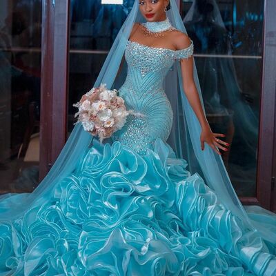 Blue mermaid beading crystals tiered african girls prom dresses evening gowns formal party gowns