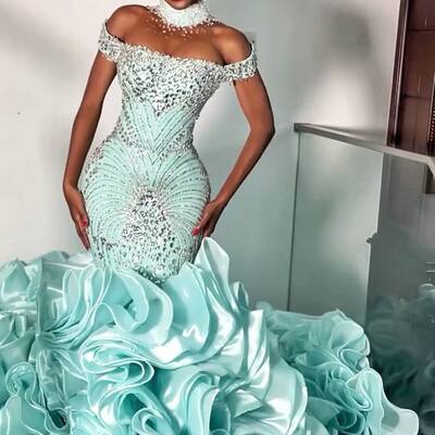 Green mermaid beading crystals tiered african girls prom dresses evening gowns formal party gowns