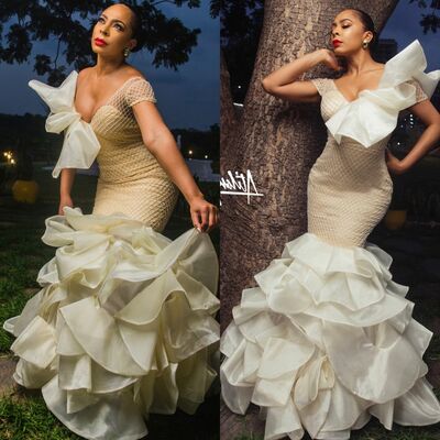 Mermaid Sequins Tiered African Girls Prom Dresses Evening Gowns Formal Party Gowns