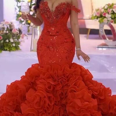 Red mermaid sequins tiered beading crytals african girls prom dresses evening gowns formal party gowns