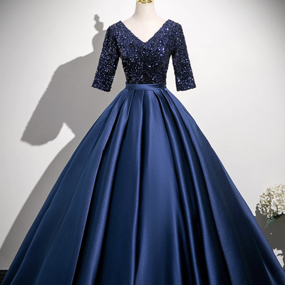 Navy satin sequins long prom party dress - Thumbnail 1