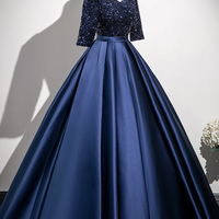 Navy Satin Sequins Long Prom Party Dress - Thumbnail 1