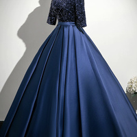 Navy Satin Sequins Long Prom Party Dress - Thumbnail 2