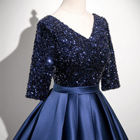 Navy Satin Sequins Long Prom Party Dress - Thumbnail 3