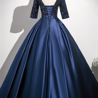 Navy Satin Sequins Long Prom Party Dress - Thumbnail 4