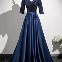 Navy Satin Sequins Long Prom Party Dress - Thumbnail 5