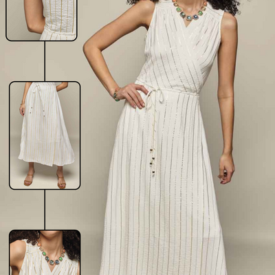 Metallic stripe wrap dress
