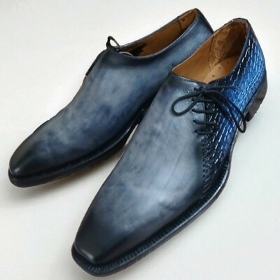 Crafted leather handmade classic gray patina blue crocodile/alligator leather side laces dress shoes - Thumbnail 1